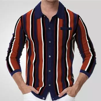 Мужской повседневный полосатый кардиган крупной вязки с лацканами L