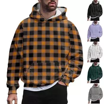 Мужской повседневный пуловер с карманами, клетчатые топы с капюшоном и длинными рукавами XXXXXL чёрный