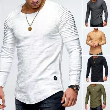 Мужской повседневный пуловер с круглым вырезом, однотонные футболки с оборками, приталенная асимметричная футболка с длинным рукавом XXXL белый