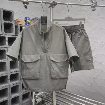 Мужской повседневный спортивный костюм-двойка в корейском стиле: Свободная футболка с полумолнией и шорты Niche M