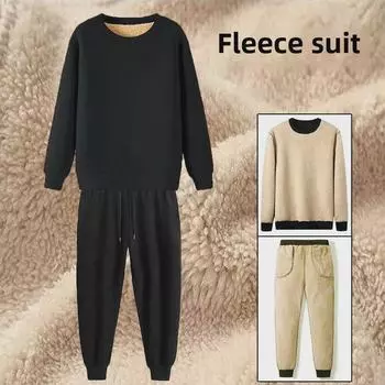 Мужской повседневный спортивный костюм из плюшевого флиса: Теплый комплект из толстовки с круглым вырезом и брюк на осень/зиму 5XL чёрный