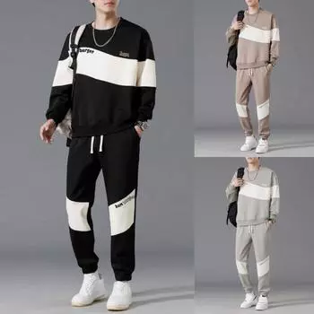 Мужской повседневный спортивный костюм на весну и осень, модный свитер с длинными рукавами + брюки из двух частей XXXXL чёрный