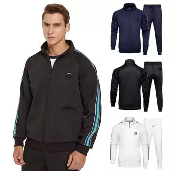 Мужской повседневный спортивный костюм с длинными рукавами и молнией во всю длину, спортивный спортивный костюм для бега и бега M чёрный