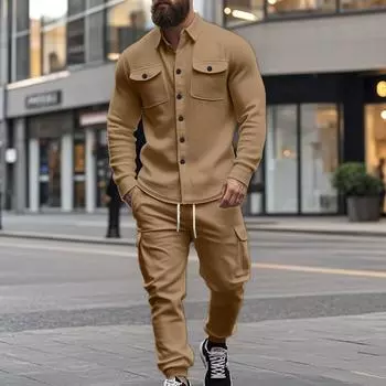 Мужской повседневный спортивный костюм с худи на молнии и джоггерами карго цвета хаки, черный, красный, светло-серый, темно-серый S