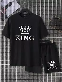 Мужской повседневный спортивный костюм с принтом в виде букв и короны, круглым вырезом, коротким рукавом, футболкой и шортами с карманами, комплект из 2 предметов S