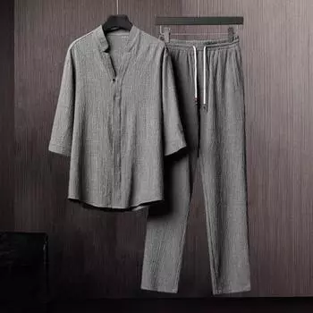 Мужской повседневный спортивный костюм с v-образным вырезом и коротким рукавом, однобортная рубашка с эластичной резинкой на талии и широкие брюки, комплект сплошного цвета, свободный крой, наряд из 2 шт./компл. 4XL чёрный