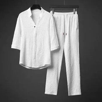 Мужской повседневный спортивный костюм с v-образным вырезом и коротким рукавом, однобортная рубашка с эластичной резинкой на талии и широкие брюки, комплект сплошного цвета, свободный крой, наряд из 2 шт./компл. XXL серый