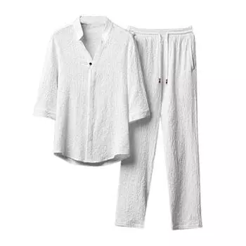 Мужской повседневный спортивный костюм с v-образным вырезом и коротким рукавом, однобортная рубашка с эластичной резинкой на талии и широкие брюки, комплект сплошного цвета, свободный крой, наряд из 2 шт./компл. L серый