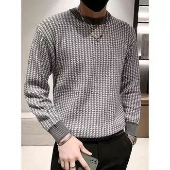 Мужской повседневный свитер с длинными рукавами и круглым вырезом, вязаный клетчатый свитер, приталенный, размер плюс XXXL чёрный