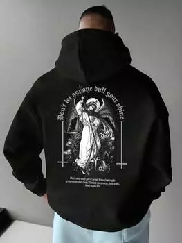 Мужской повседневный свитер с графическим принтом и капюшоном, на флисовой подкладке, уличная одежда S