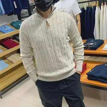 Мужской повседневный свитер с полуводолазкой на молнии с косичным узором - модная куртка-пуловер на осень/зиму XL зелёный