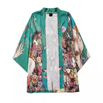 Мужской повседневный свободный кардиган с открытой передней частью и рукавами 3/4 в японском стиле с принтом M разноцветный