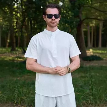 Мужской повседневный топ с короткими рукавами и воротником-стойкой, модный мужской топ XL белый