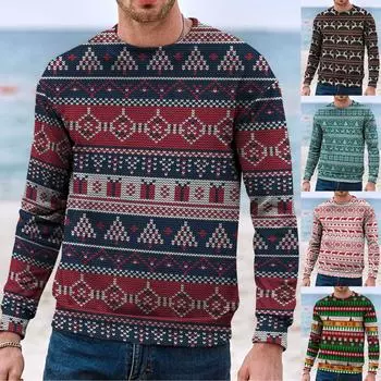 Мужской повседневный топ с рождественским принтом и круглым вырезом, пуловер с длинным рукавом, свитер XXL разноцветный