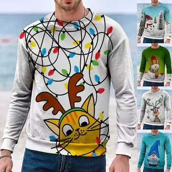 Мужской повседневный топ с рождественским принтом и круглым вырезом, пуловер с длинным рукавом, свитер L синий
