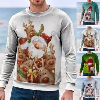 Мужской повседневный топ с рождественским принтом и круглым вырезом, пуловер с длинным рукавом, свитер L