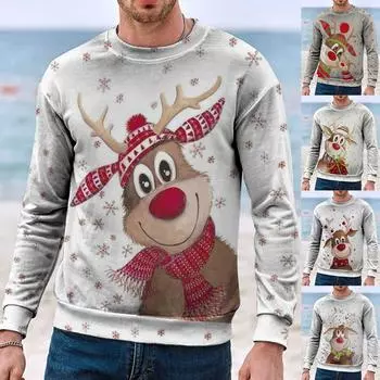 Мужской повседневный топ с рождественским принтом и круглым вырезом, пуловер с длинным рукавом, свитер L бежевый
