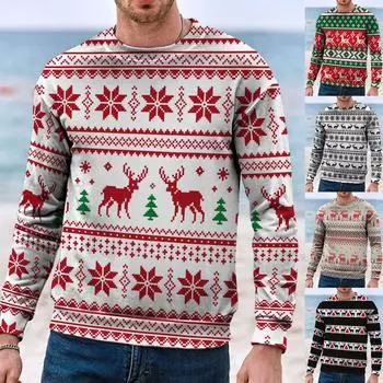 Мужской повседневный топ с рождественским принтом и круглым вырезом, пуловер с длинным рукавом, свитер L зелёный