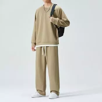 Мужской повседневный весенне-осенний джемпер, свободные спортивные штаны на шнурке, комплект из двух предметов M хаки