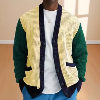 Мужской повседневный вязаный кардиган, цветной блок, свитер-пальто с V-образным вырезом L