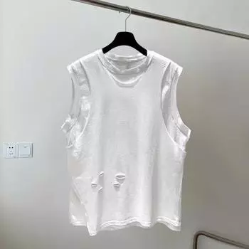 Мужской повседневный жилет с круглым вырезом без рукавов, цветные топы на бретелях, однотонные свободные рваные дырки, жилет в уличном стиле, нижняя футболка L белый
