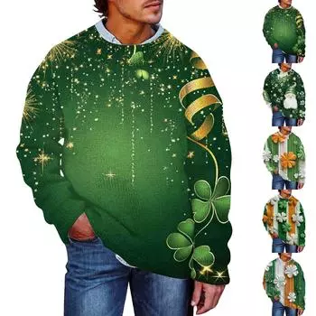 Мужской принтованный искусственный свитер, толстовка с круглым вырезом, свободный топ с длинными рукавами L темно-зеленого