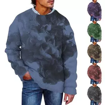Мужской принтованный искусственный свитер, толстовка с круглым вырезом, свободный топ с длинными рукавами L синий