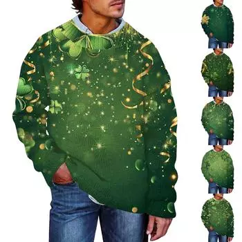 Мужской принтованный искусственный свитер, толстовка с круглым вырезом, свободный топ с длинными рукавами M зелёный