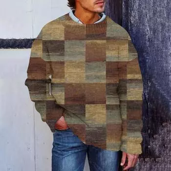 Мужской принтованный синтетический свитер с круглым вырезом, спортивная одежда, свободный топ с длинными рукавами L коричневый