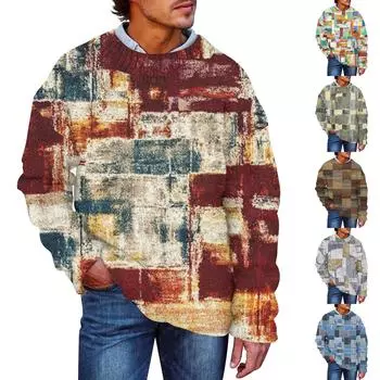 Мужской принтованный синтетический свитер с круглым вырезом, спортивная одежда, свободный топ с длинными рукавами L коричневый