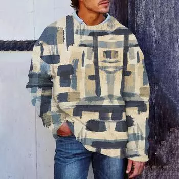 Мужской принтованный синтетический свитер с круглым вырезом, спортивная одежда, свободный топ с длинными рукавами M небесно-голубой