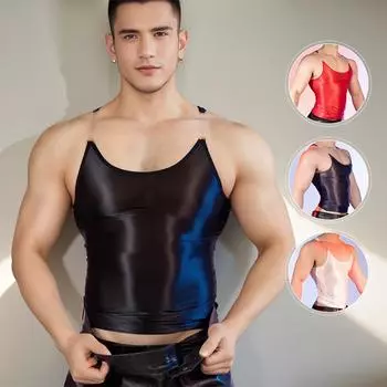 Мужской прозрачный блестящий комбинезон на подтяжках - эластичный топ для фитнеса и ночного клуба One Size