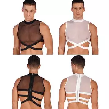 Мужской прозрачный сетчатый кроп-топ с перекрещивающимися бретелями, застежкой-молнией сзади, без рукавов, клубная одежда L