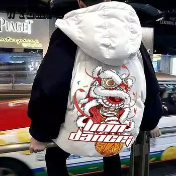 Мужской пуховик, зимняя толстая теплая куртка на хлопковой подкладке, пальто с капюшоном в китайском стиле, пальто на молнии с принтом танца льва, куртка-хлеб 3XL