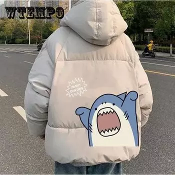 Мужской пуховик, зимняя толстая теплая куртка на хлопковой подкладке, пальто с капюшоном, пальто на молнии с принтом акулы, куртка-хлеб 3XL чёрный