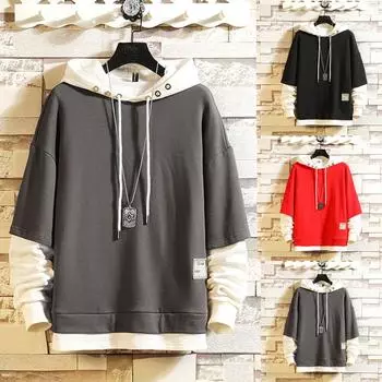 Мужской пуловер на пуговицах с длинным рукавом с капюшоном, топы, блузка L чёрный