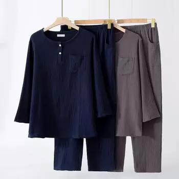 Мужской пуловер с двумя пуговицами и круглым вырезом, с карманом и длинными брюками, повседневная домашняя ночная одежда, мужской комплект одежды для сна на все времена года XL