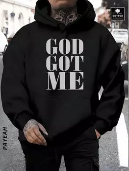 Мужской пуловер с принтом «God Got Me» с круглым вырезом и длинным рукавом, свободный повседневный топ для осени и зимы, мужская одежда в качестве подарка S чёрный