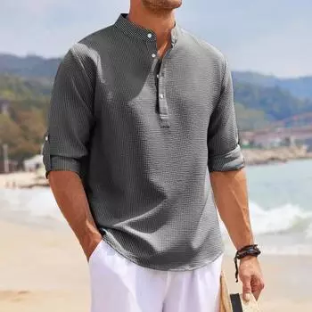 Мужской пуловер с воротником-стойкой, пуловер с длинными рукавами и пуговицами, половинная планка с клетчатым принтом, повседневная рубашка в пляжном стиле, уличная одежда XL синий