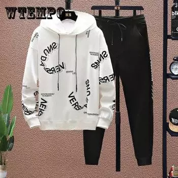 Мужской пуловер, весенний пуловер с капюшоном и повседневные брюки, школьный трендовый свитер, спортивный костюм XXXL белый