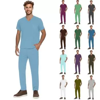 Мужской рабочий костюм из двух частей с короткими рукавами, V-образным вырезом, однотонным принтом, нагрудным карманом и эластичным поясом L армия зеленый