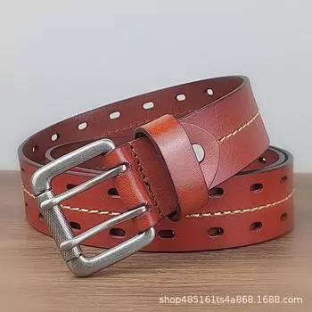 Мужской ремень из кожи с двойной пряжкой, повседневный, для улицы, первый слой, ремень из коровьей кожи, модный тренд, ремень из растительного дубления 105cm светло-коричневого