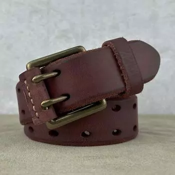 Мужской ремень из натуральной кожи с двойной медной пряжкой, ретро, первый слой, из натуральной коровьей кожи, американский полый ремень 105CM [suitable for 100-60kg] светло-коричневого