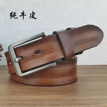 Мужской ремень, кожаная пряжка, повседневный ретро-ремень, джинсы из коровьей кожи первого слоя для молодых мужчин с тенденцией ручной работы 105cm хаки