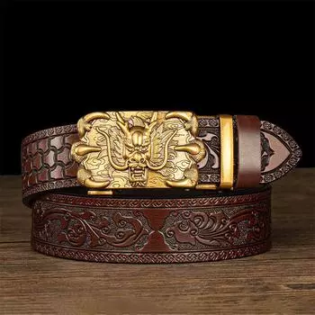 Мужской ремень с автоматической пряжкой, доминирующим дизайном Танцао и тисненым узором в виде шестилапого дракона 120cm, Bronze six-claw dragon коричневый