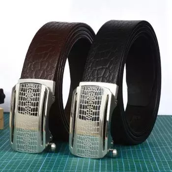 Мужской ремень с автоматической пряжкой из кожи первого слоя из нержавеющей стали, повседневный деловой ремень из чистой коровьей кожи 120cm чёрный