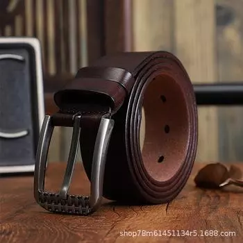 Мужской ремень с пряжкой, простой и универсальный, кожаный, первый слой, ремень ручной работы из коровьей кожи, мужской молодежный ретро-тренд 105cm чёрный
