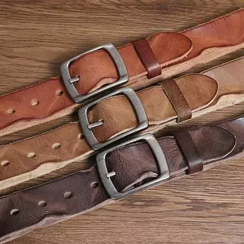 Мужской ремень в стиле ретро, плиссированный кожаный ремень с пряжкой, первый слой из воловьей кожи, модный уникальный молодежный джинсовый ремень 100cm