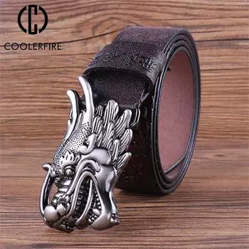 Мужской ремень высокого качества из натуральной кожи, роскошный повседневный модельерский ремень, мужской ремень с пряжкой дракона из коровьей кожи для джинсов, ковбойский HQ240 100cm кофейный/бронзовый