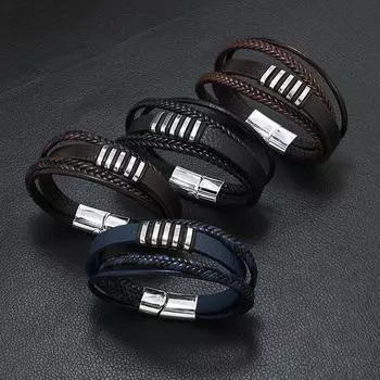 Мужской ретро-браслет из кожаной веревки с магнитной застежкой из сплава чёрный